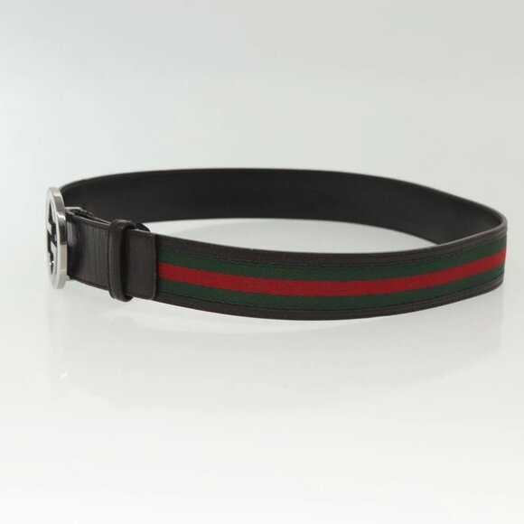 GUCCI Web Sherry Line Belt Leather 37"" Red Green 114984 Auth sw1387 - Picture 7 of 9